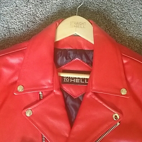 NEW STRAIGHT TO HELL RED LEATHER BIKER JACKET.  46 - Picture 2 of 3